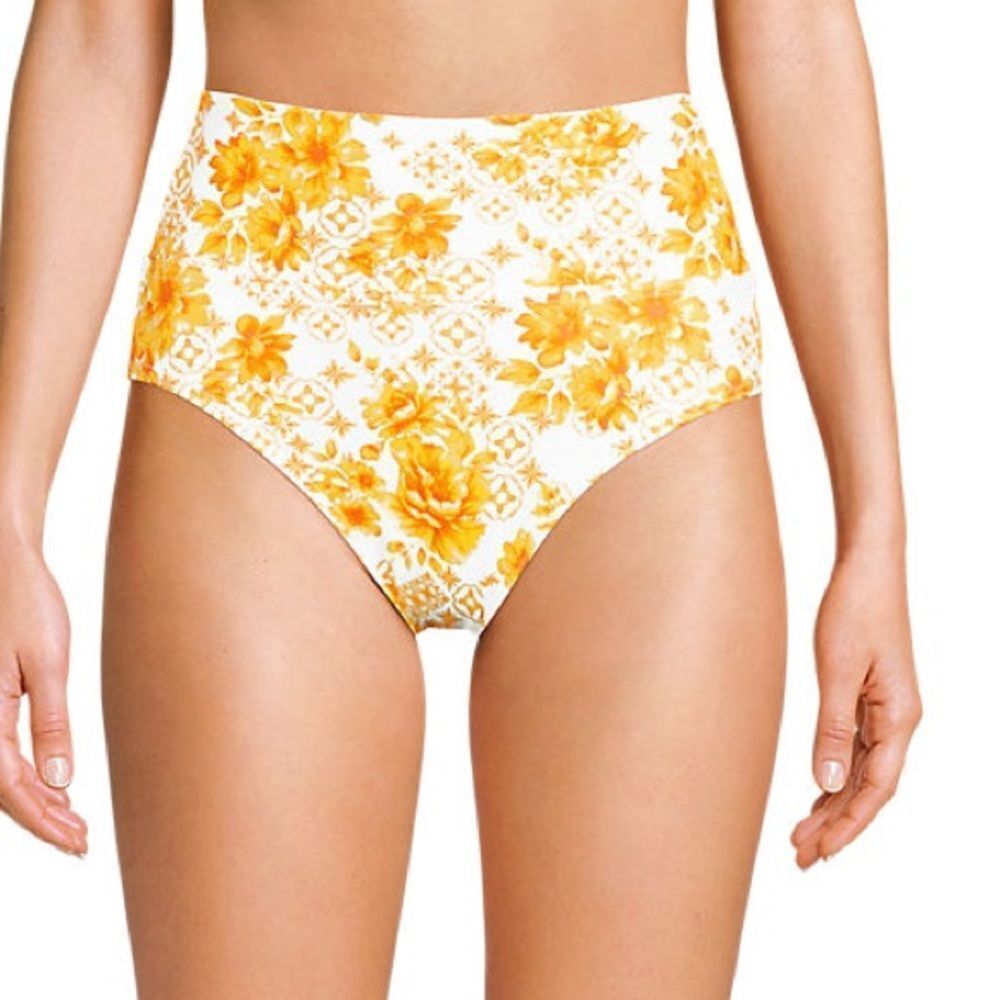 Land's End Pinchless Fold over Swim Bikini Bottom yellow Mosaic floral size 14